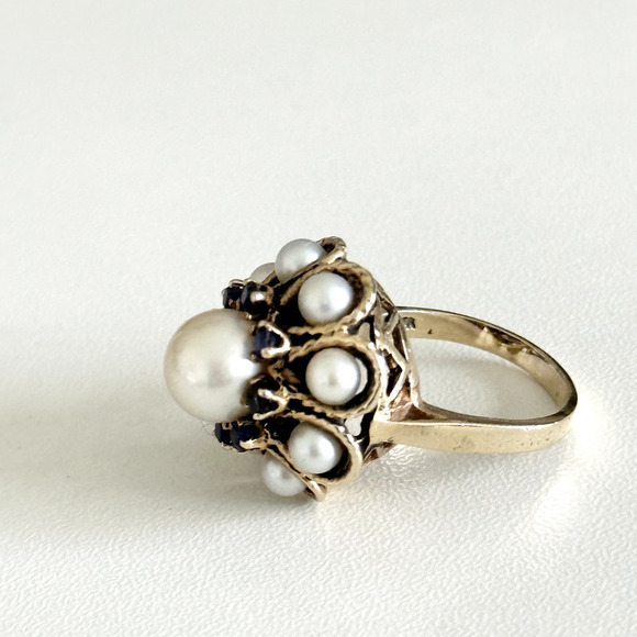 Vintage 14K Yellow Gold Pearl & Sapphire Ladies Statement Band Ring Size 5.75 - Picture 3 of 16